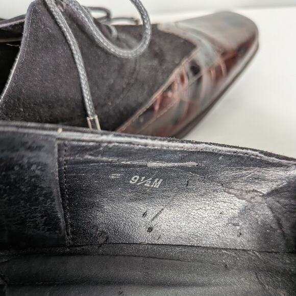 Y2K Leather Heels Lace Up Loafers 9.5 Black Brown Wingtip Suede Square Academia - Picture 9 of 11